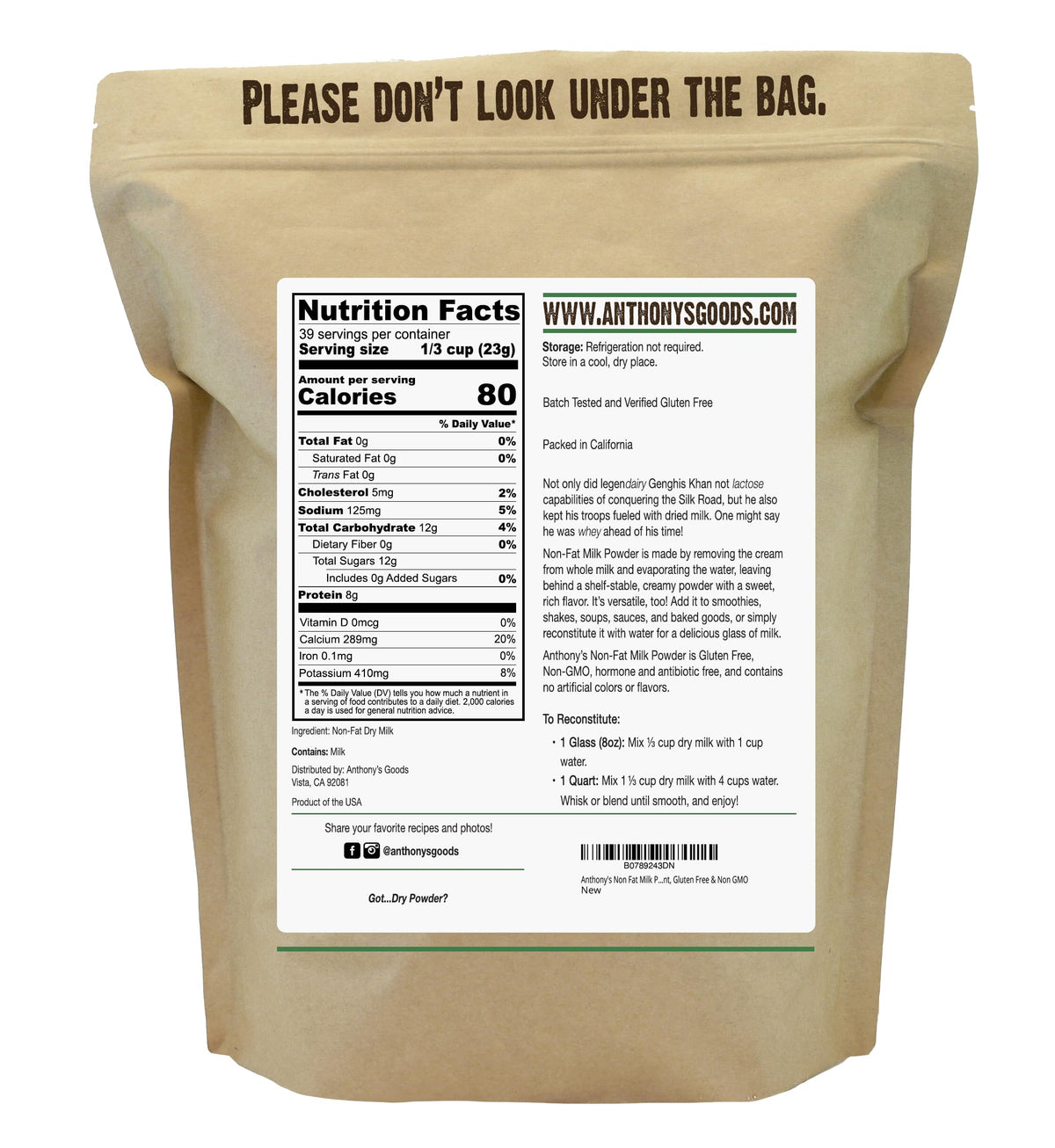 Non Fat Instant Milk Powder 2 lb J83091