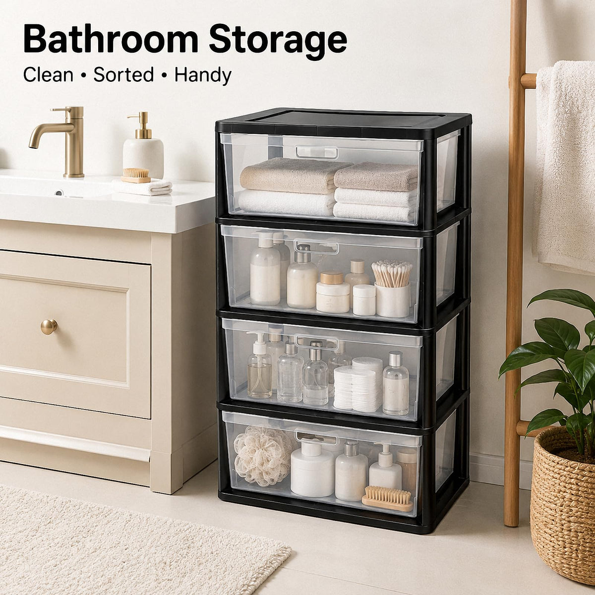Black 4 Drawer Storage Organizer Tower with Clear Removable Bins B756