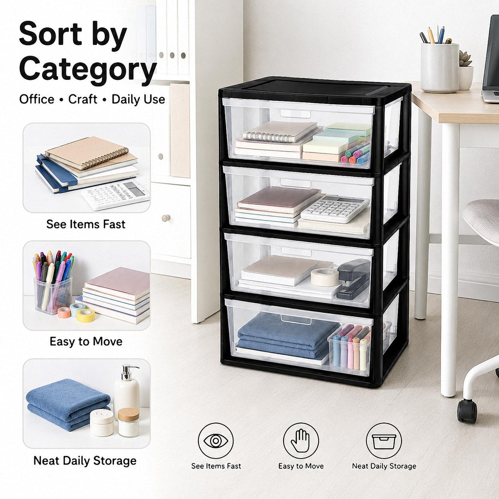 Black 4 Drawer Storage Organizer Tower with Clear Removable Bins B756