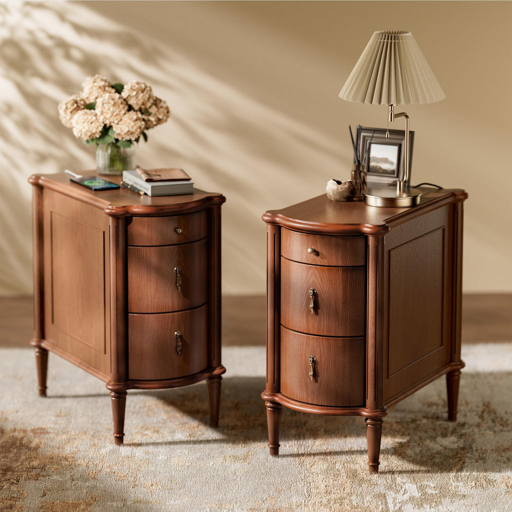 Brown Set of 2 Nightstand with Charging Station and 3 Drawers Q6215