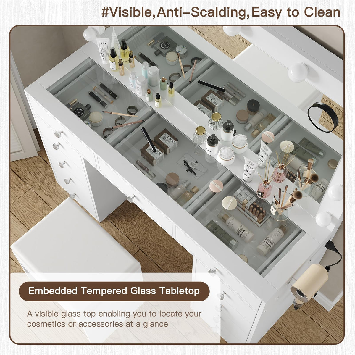 White Vanity Desk with Mirror and Chair S97754