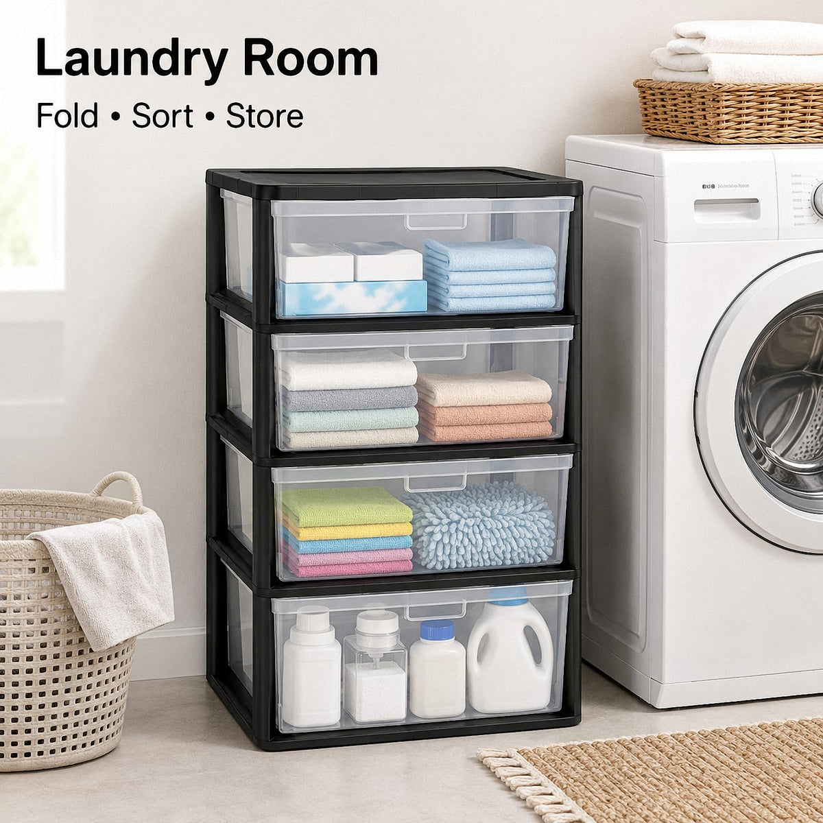 Black 4 Drawer Storage Organizer Tower with Clear Removable Bins B756