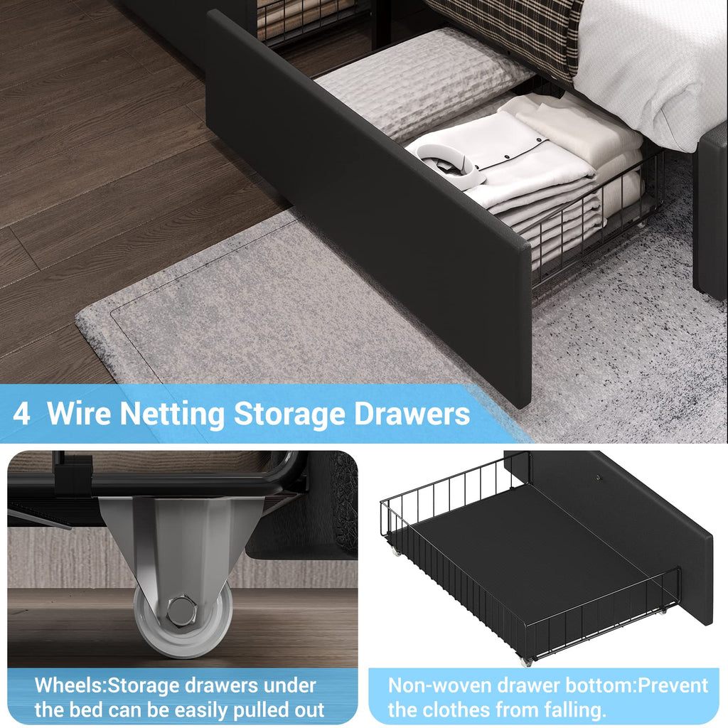 Full Size Upholstered Platform Bed Frame with Headboard and 4 Storage Drawers Q721000