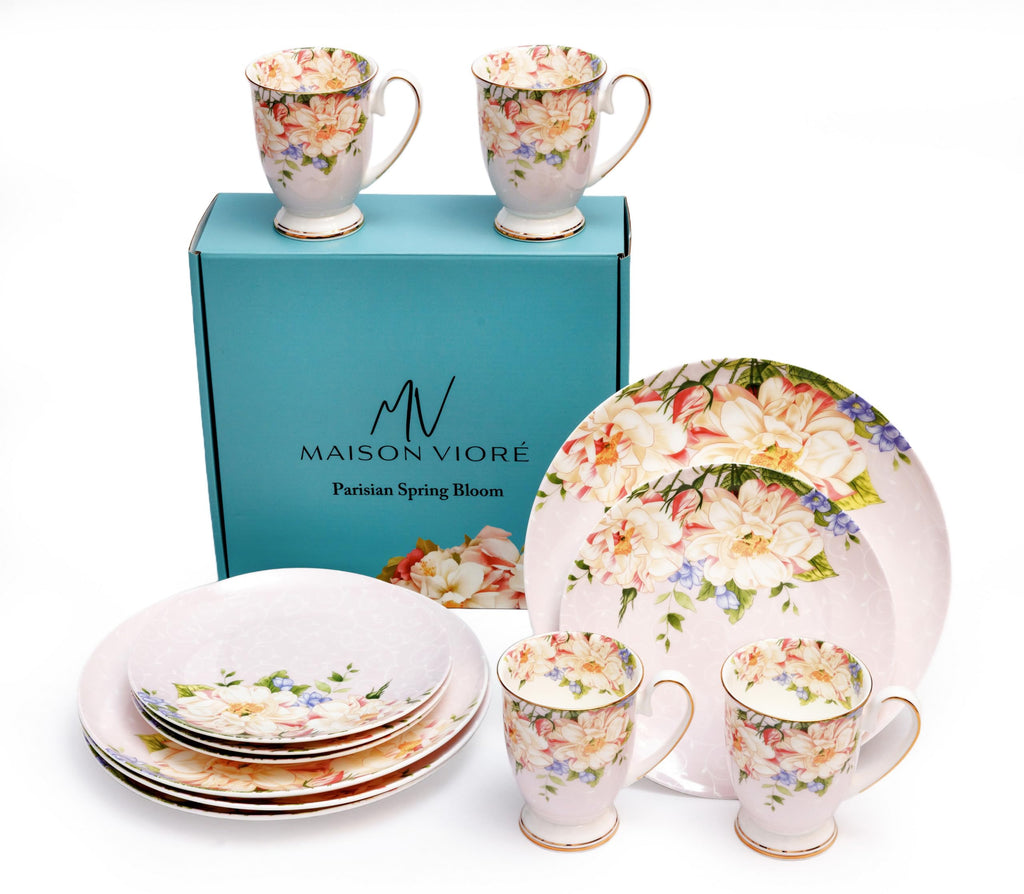 Pink Floral Ceramic Plates and Mugs Set Of 12 W454400