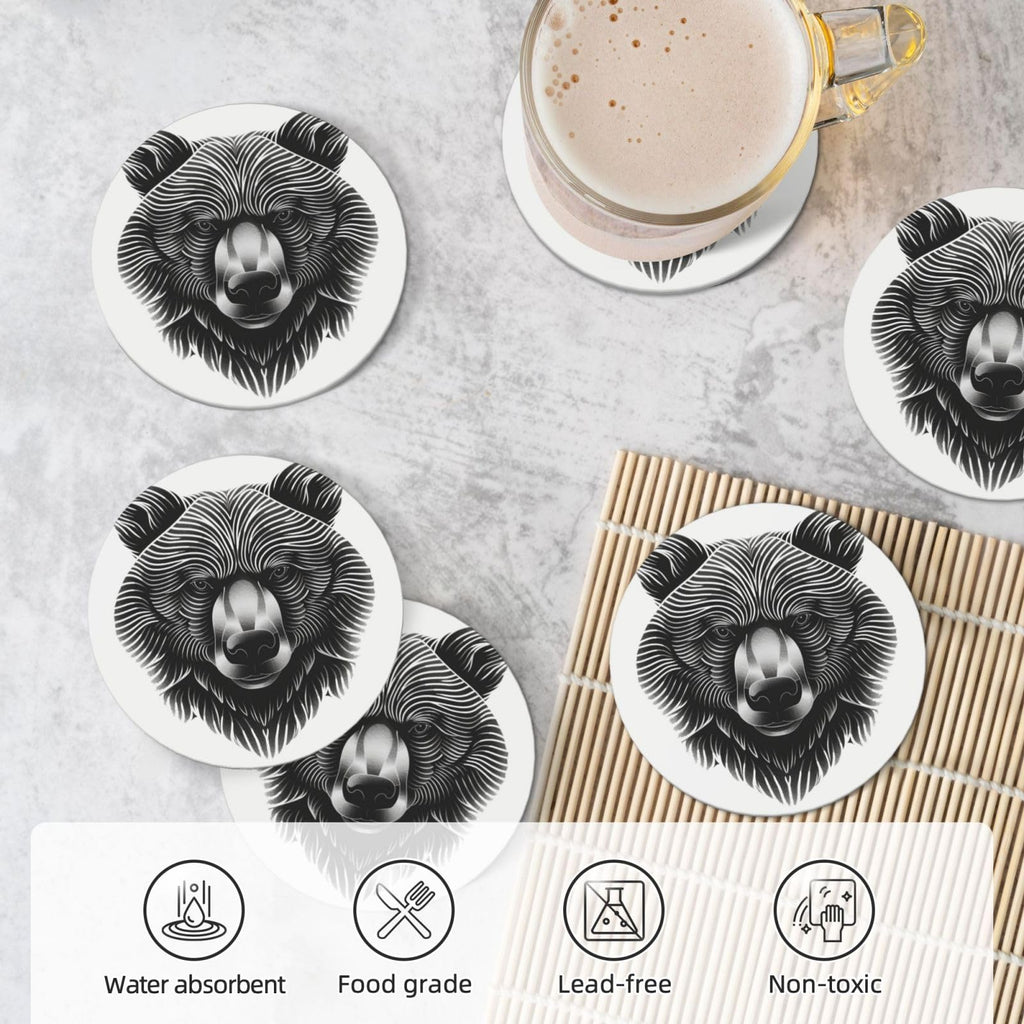 Black and White Bear Head Ceramic Coasters Set of 6 D98933