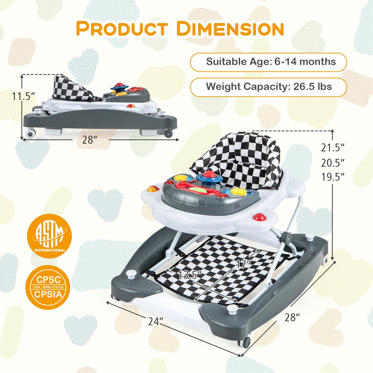 Foldable Adjustable Baby Walker with Wheels K3136