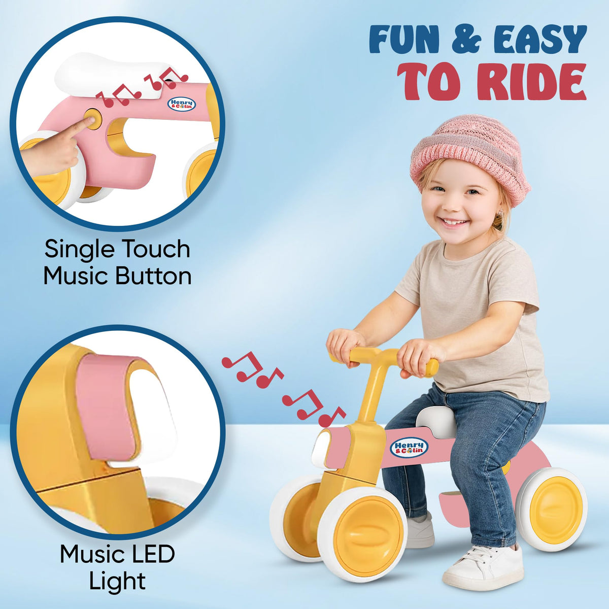 4 Wheel Toddler Balance Bike with Lights Music Soft Seat Pink D171605