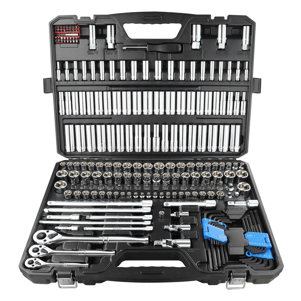 225PCS Mechanic Tool Set, 1/4" & 3/8" & 1/2" Drive Socket Wrench Set, Metric and Standard with 90-Tooth Ratchet L902825