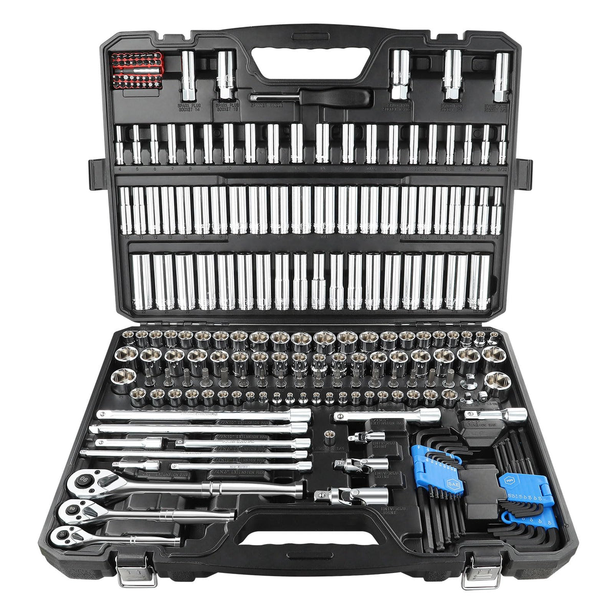 225PCS Mechanic Tool Set, 1/4" & 3/8" & 1/2" Drive Socket Wrench Set, Metric and Standard with 90-Tooth Ratchet L902825