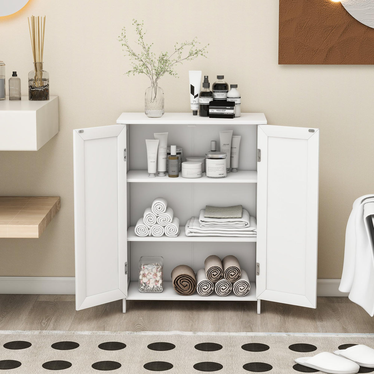 White 2 Door Bathroom Floor Storage Cabinet T49470