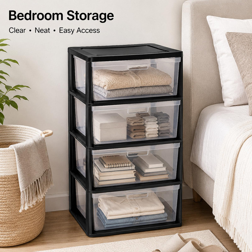 Black 4 Drawer Storage Organizer Tower with Clear Removable Bins B756