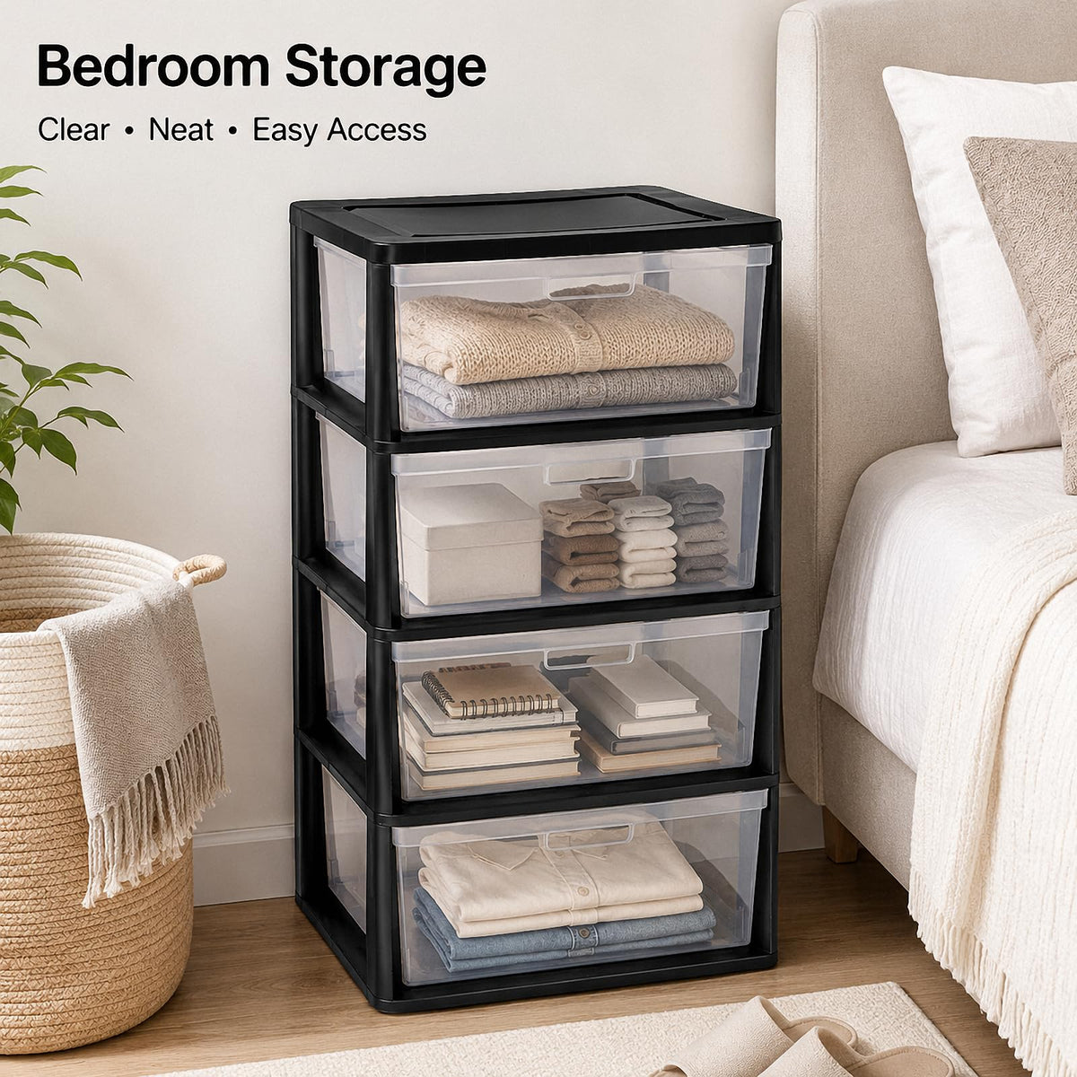 Black 4 Drawer Storage Organizer Tower with Clear Removable Bins B756