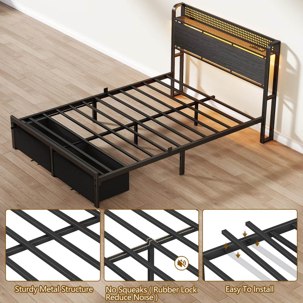Full Size Bed Frame with Headboard, Charging Station, 2 Storage Drawers F868318