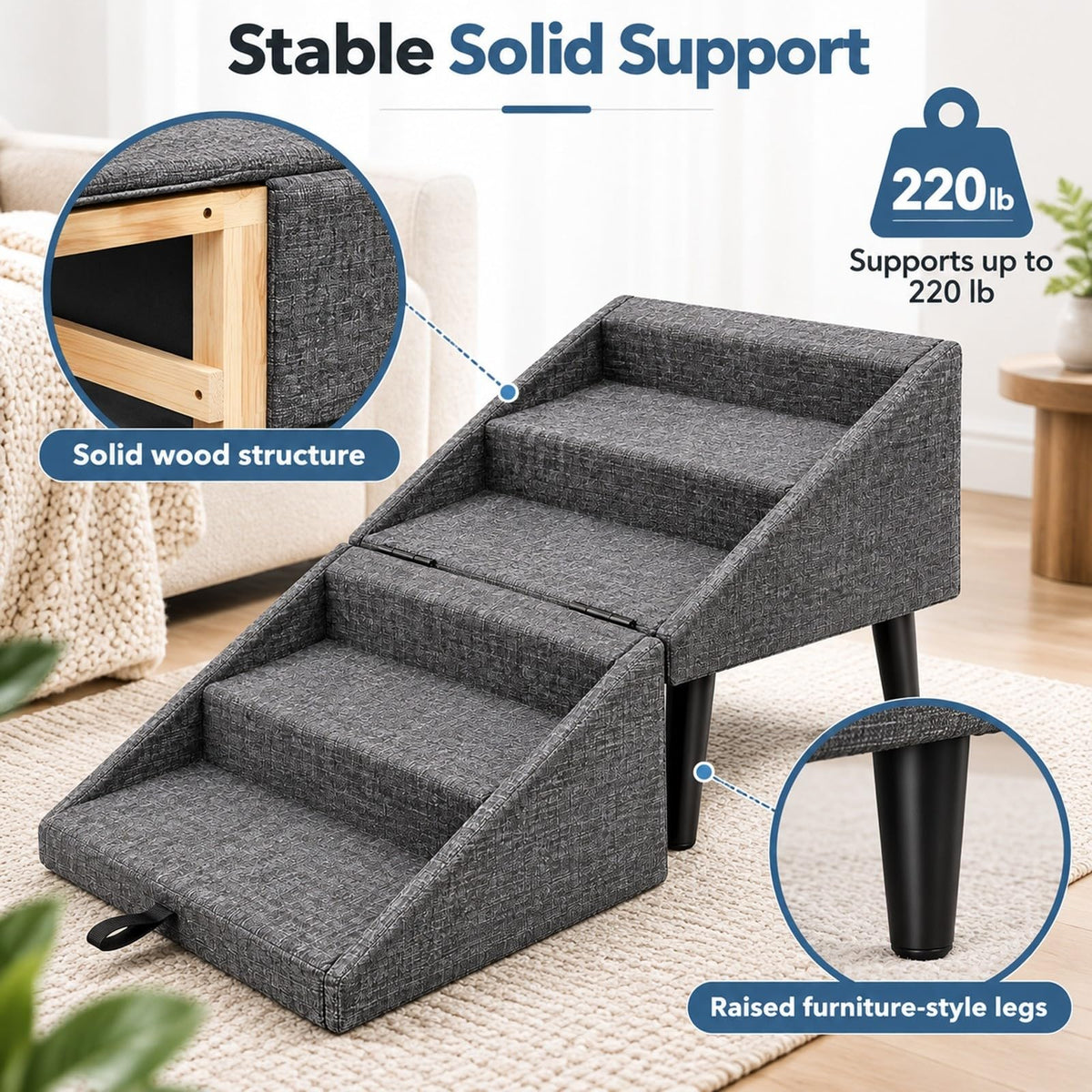 Foldable Dog Stairs Ottoman 2 in 1 Pet Steps with Storage D4013