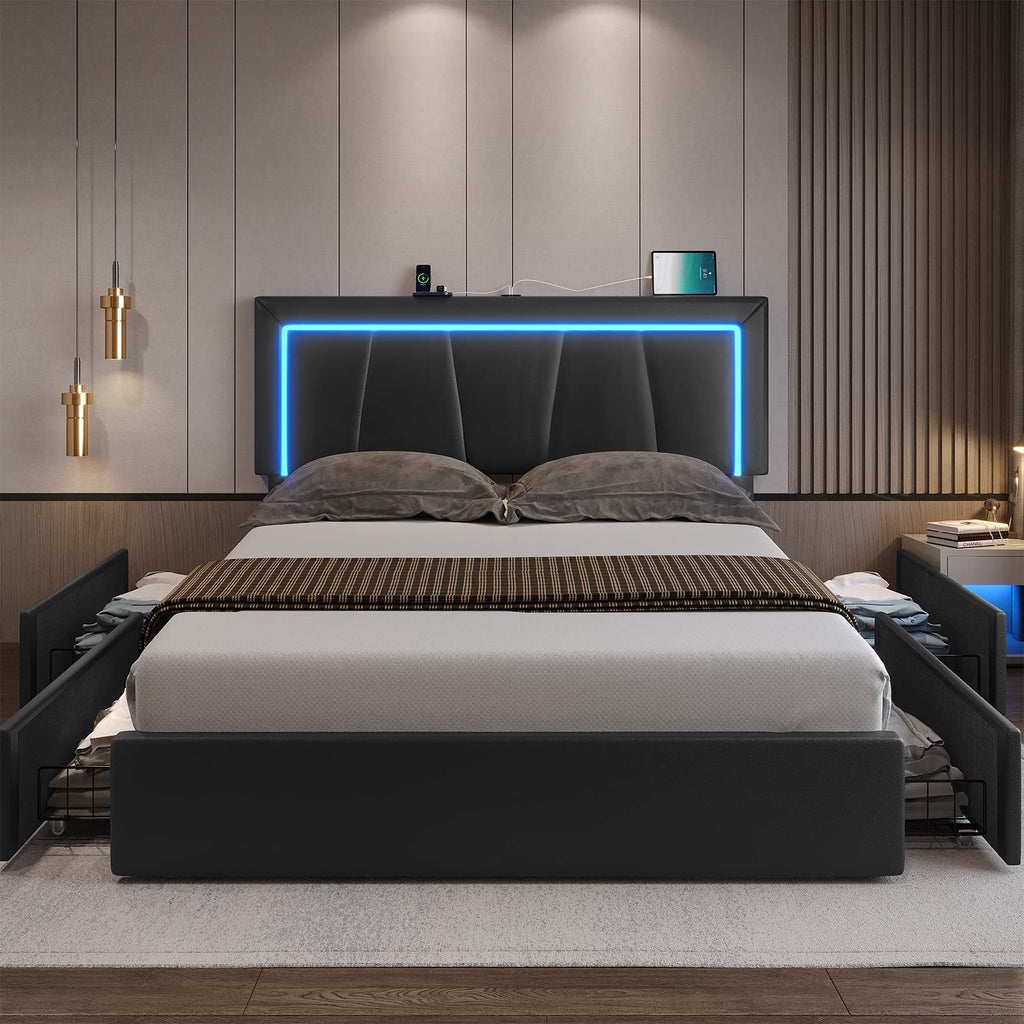 Full Size Upholstered Platform Bed Frame with Headboard and 4 Storage Drawers Q721000