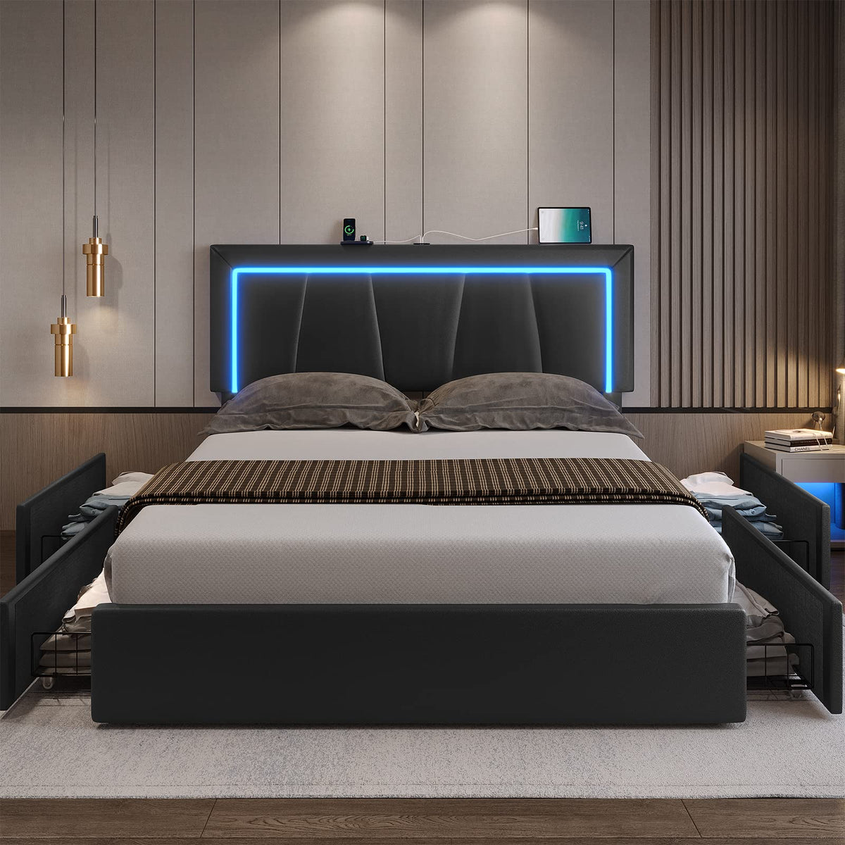 Full Size Upholstered Platform Bed Frame with Headboard and 4 Storage Drawers Q721000