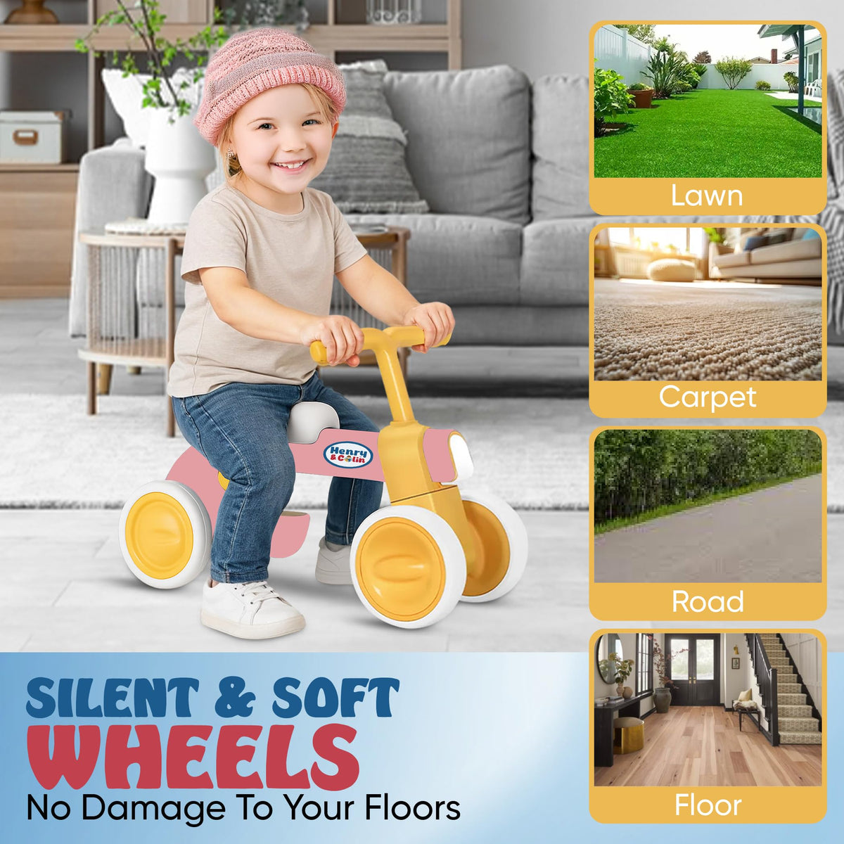 4 Wheel Toddler Balance Bike with Lights Music Soft Seat Pink D171605