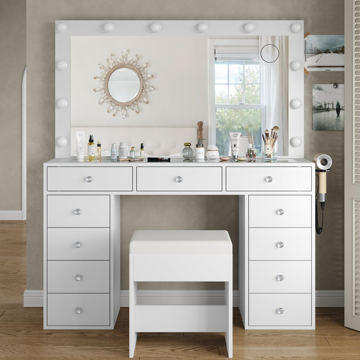 White Vanity Desk with Mirror and Chair S97754