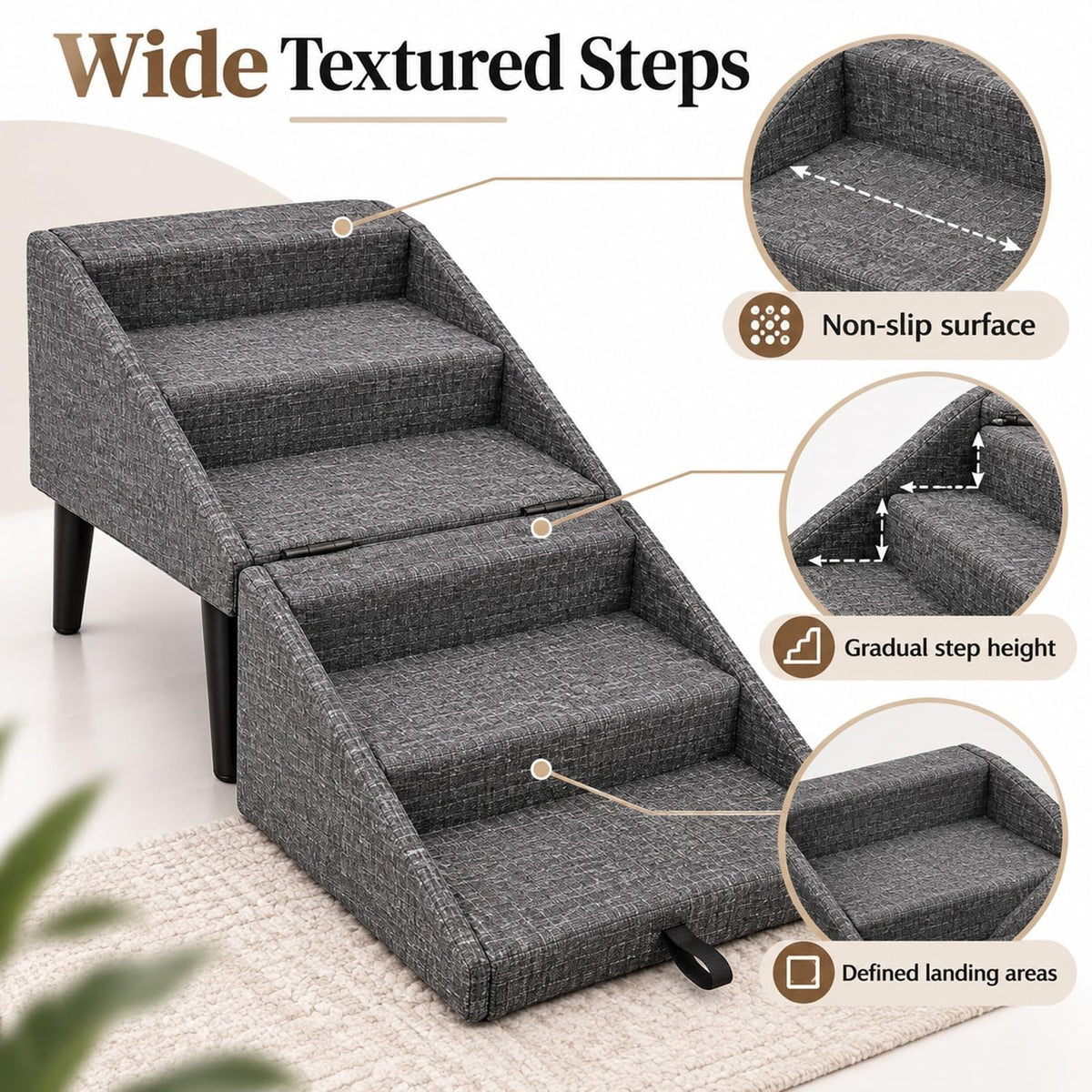 Foldable Dog Stairs Ottoman 2 in 1 Pet Steps with Storage D4013