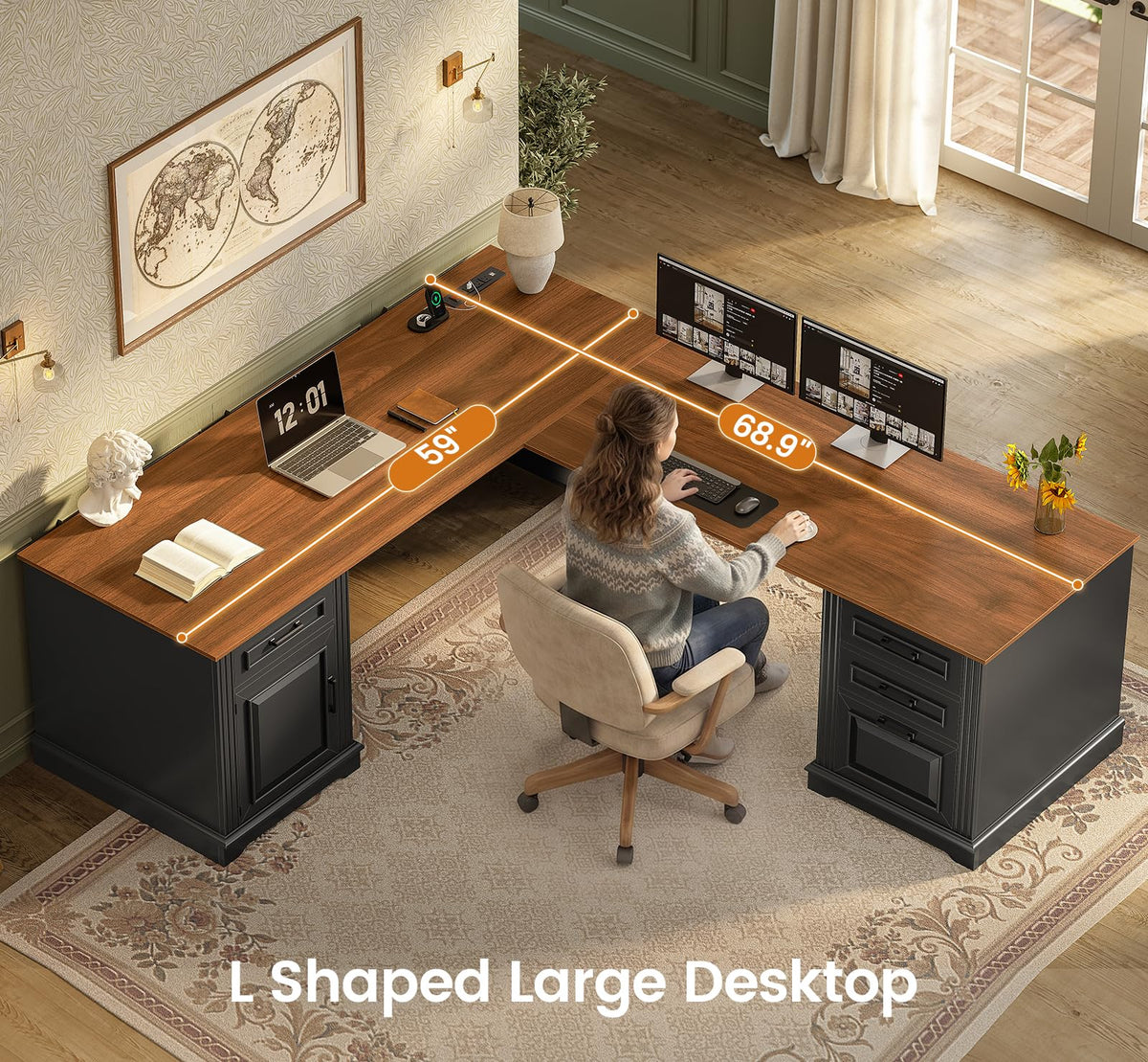 69" L Shaped Desk with Drawers and Storage Cabinet H685319