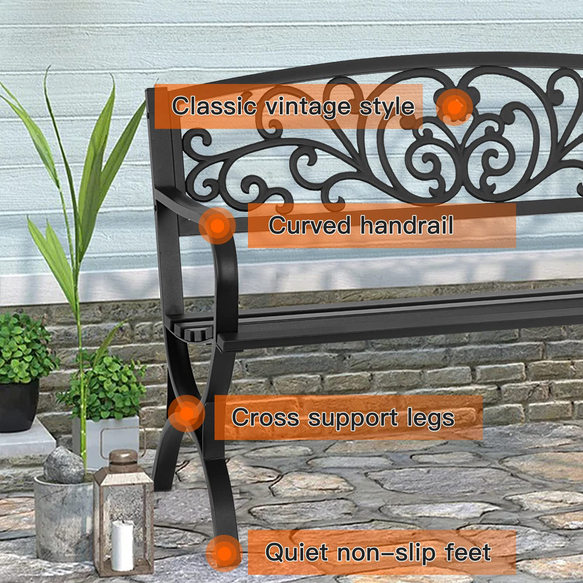 50 inch Black Metal Patio Garden Bench with Armrests P65877