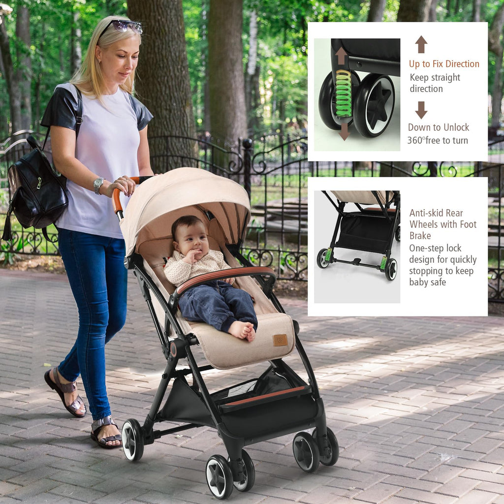 Lightweight Compact Baby Stroller with 5-Point Harness and Storage Basket, Beige S3321