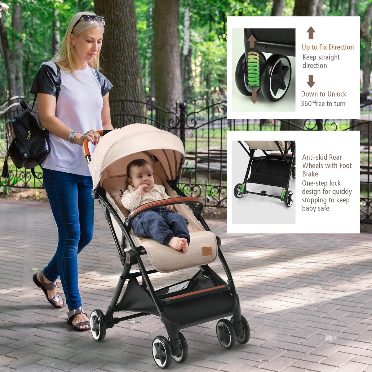 Lightweight Compact Baby Stroller with 5-Point Harness and Storage Basket, Beige S3321