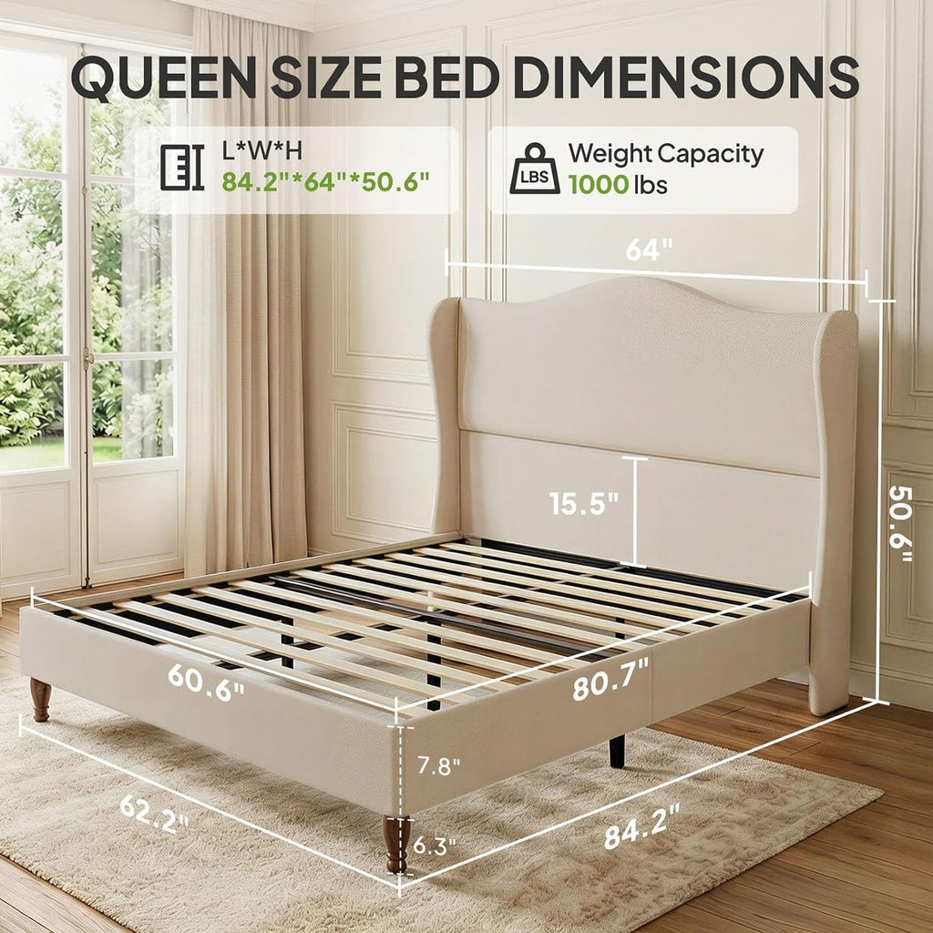 Queen Size Fabric Upholstered Platform Bed with Wooden Slats Z899344