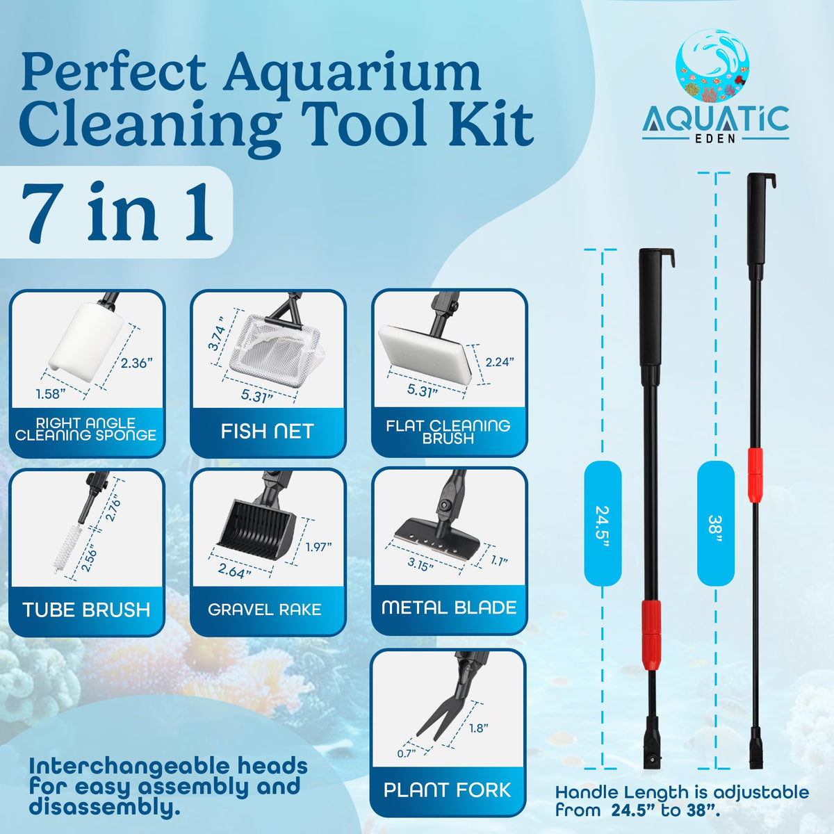 7 in 1 Aquarium Cleaning Kit with Algae Scraper, Fish Net, Gravel Rake & Brush O141688