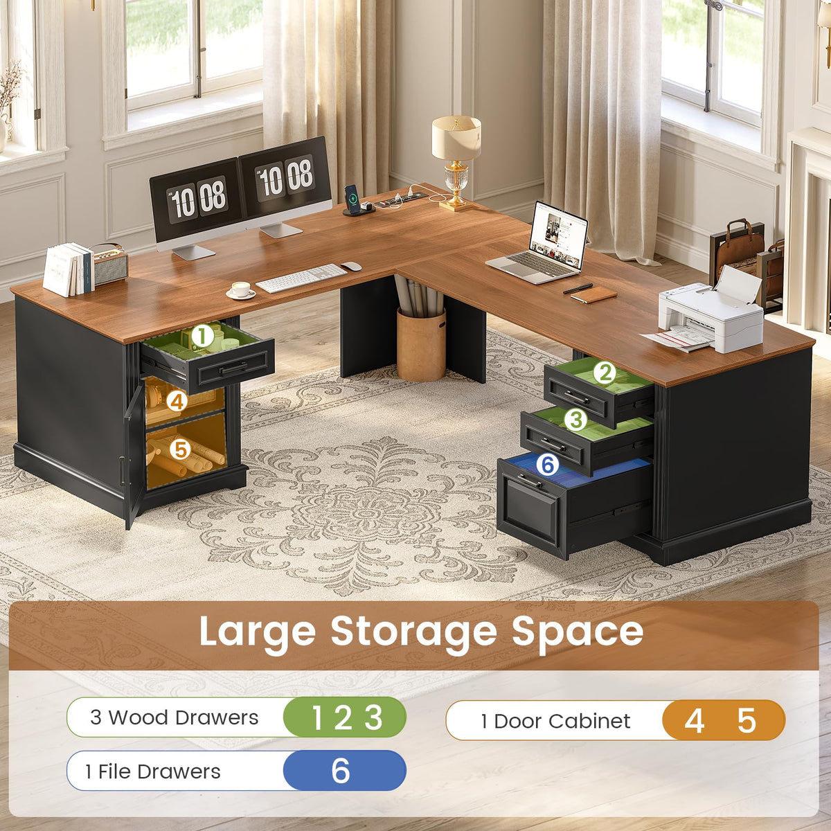 69" L Shaped Desk with Drawers and Storage Cabinet H685319