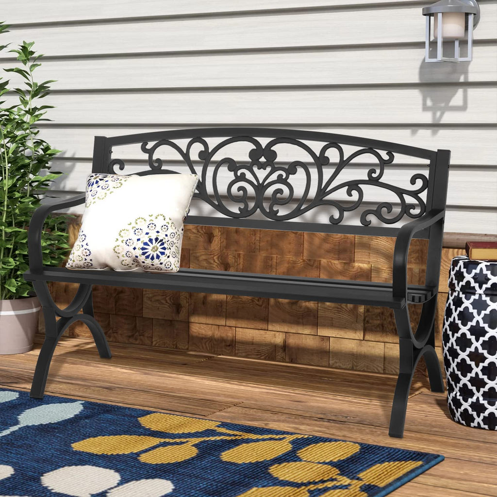 50 inch Black Metal Patio Garden Bench with Armrests P65877