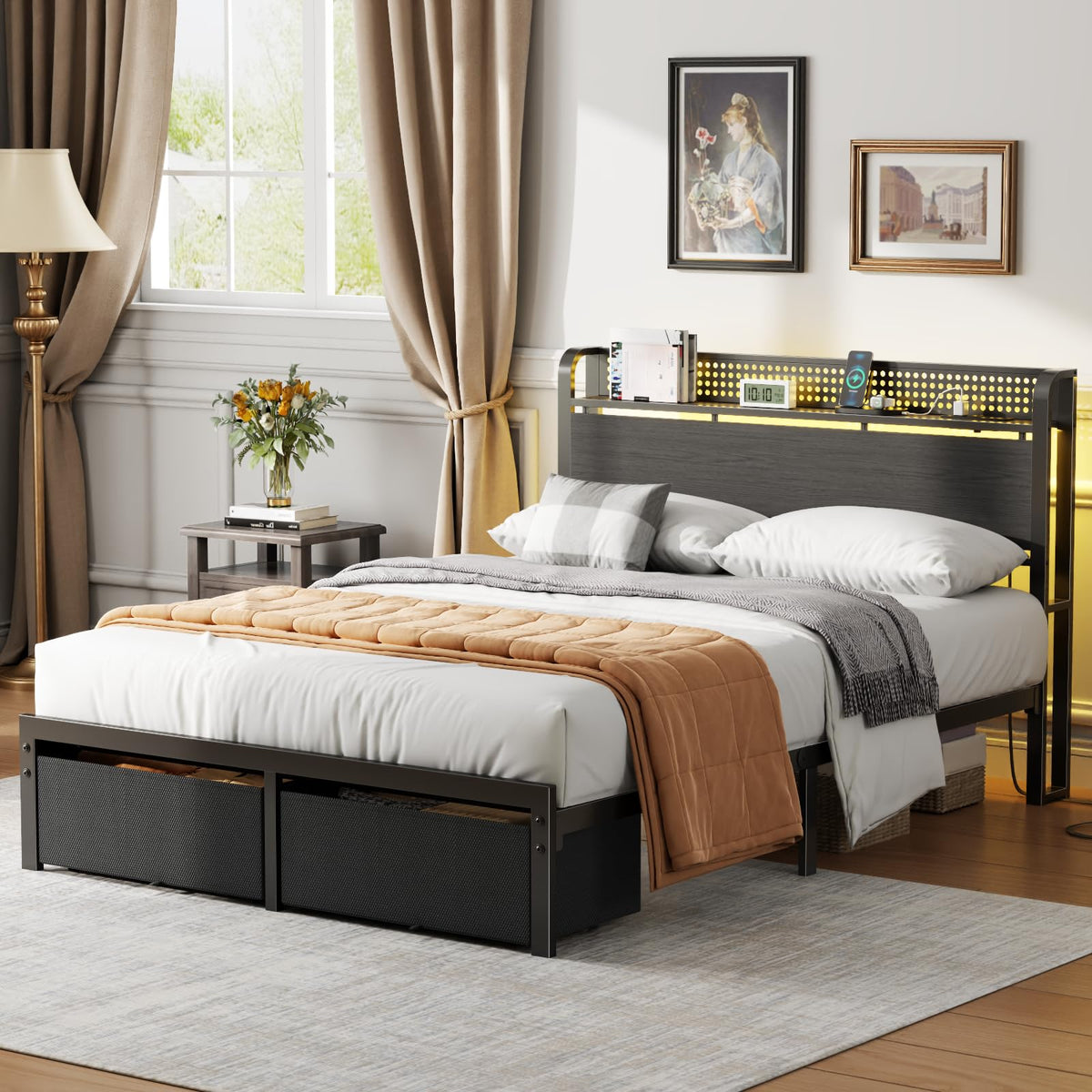 Full Size Bed Frame with Headboard, Charging Station, 2 Storage Drawers F868318