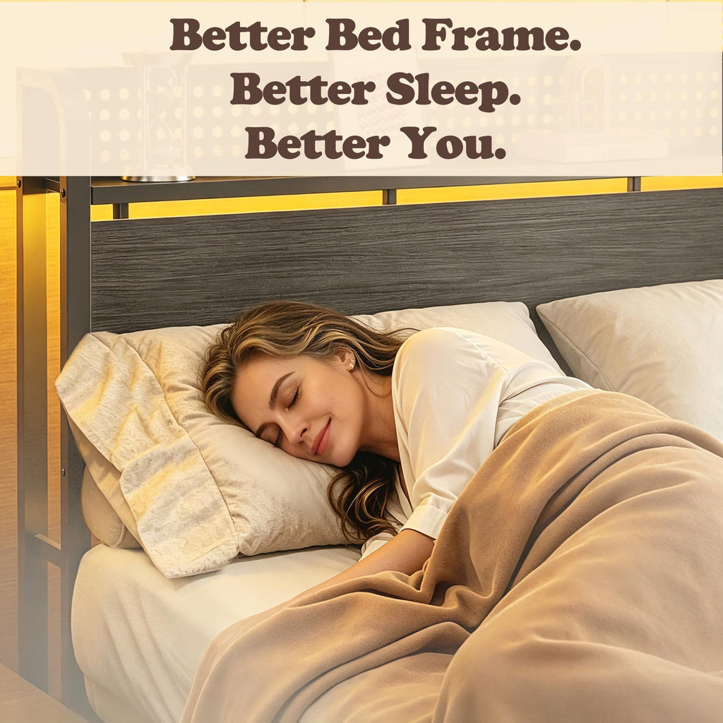 Full Size Bed Frame with Headboard, Charging Station, 2 Storage Drawers F868318