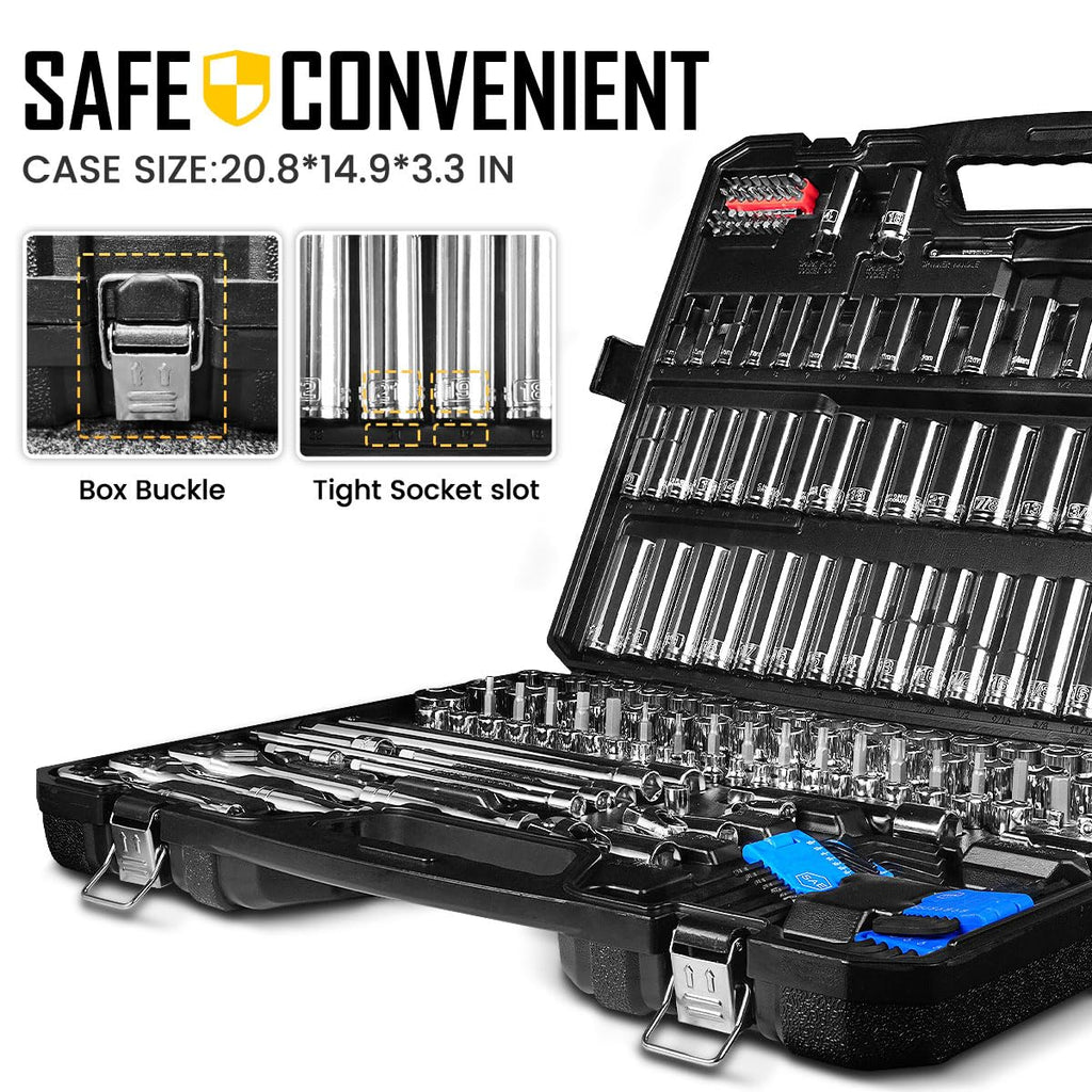 225PCS Mechanic Tool Set, 1/4" & 3/8" & 1/2" Drive Socket Wrench Set, Metric and Standard with 90-Tooth Ratchet L902825