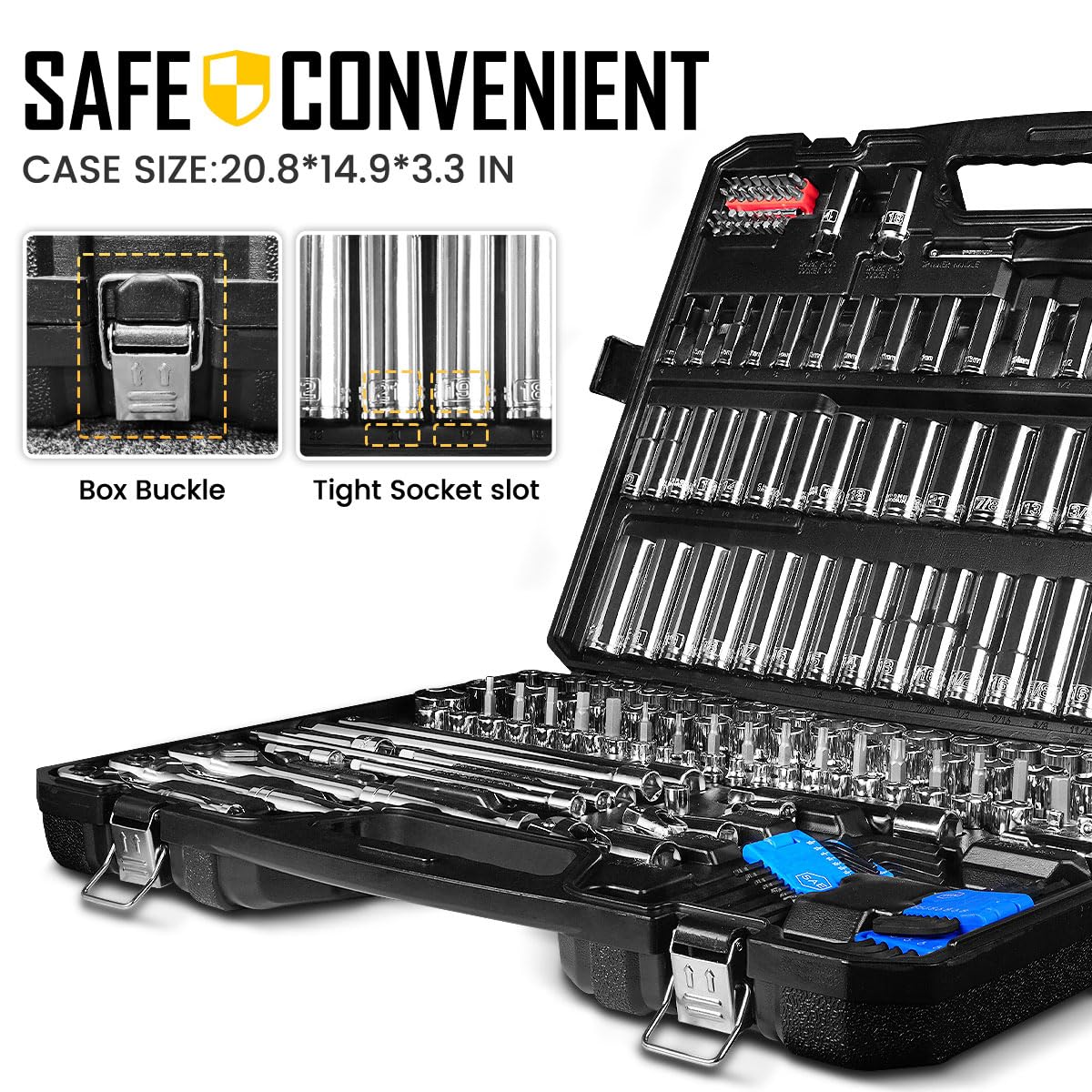 225PCS Mechanic Tool Set, 1/4" & 3/8" & 1/2" Drive Socket Wrench Set, Metric and Standard with 90-Tooth Ratchet L902825
