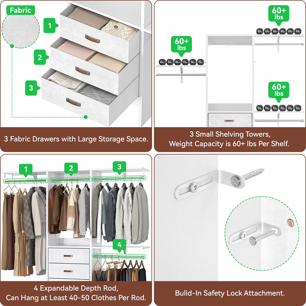 5FT Closet System with 3 Fabric Drawers D7403