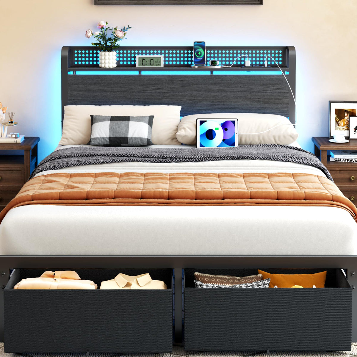 Full Size Bed Frame with Headboard, Charging Station, 2 Storage Drawers F868318