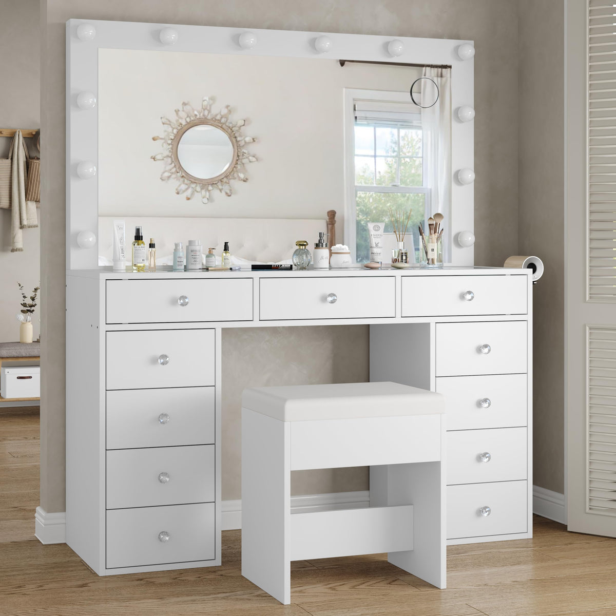White Vanity Desk with Mirror and Chair S97754