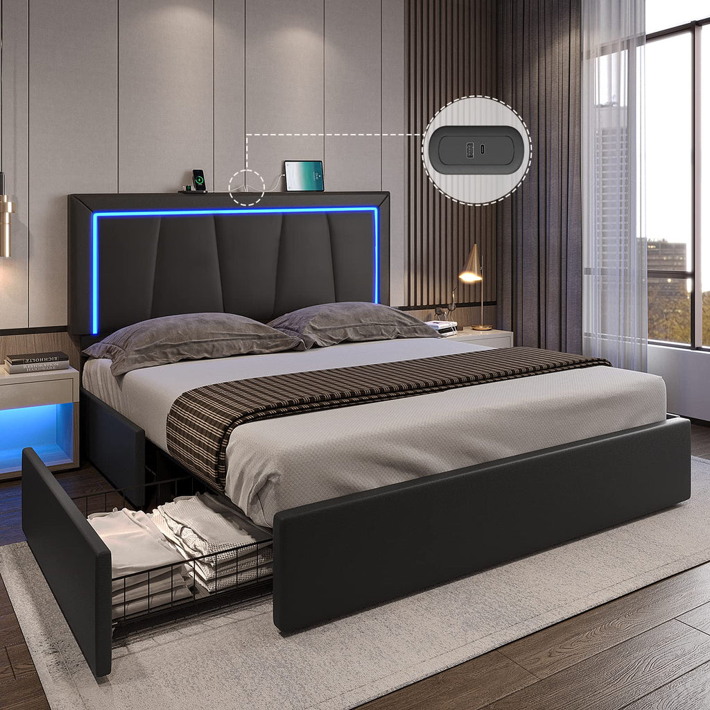 Full Size Upholstered Platform Bed Frame with Headboard and 4 Storage Drawers Q721000