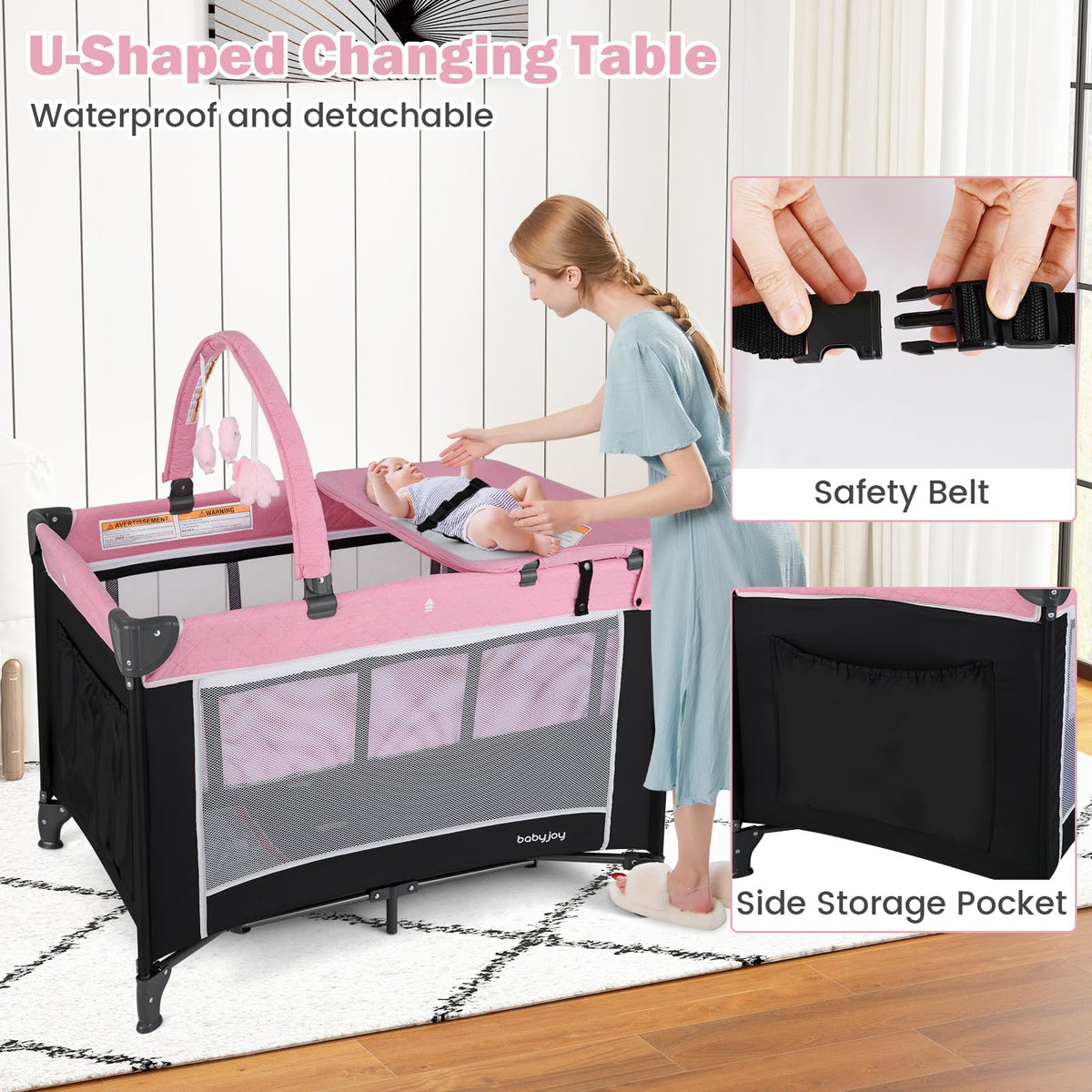 3 in 1 Pink Pack and Play Baby Crib Bassinet X680