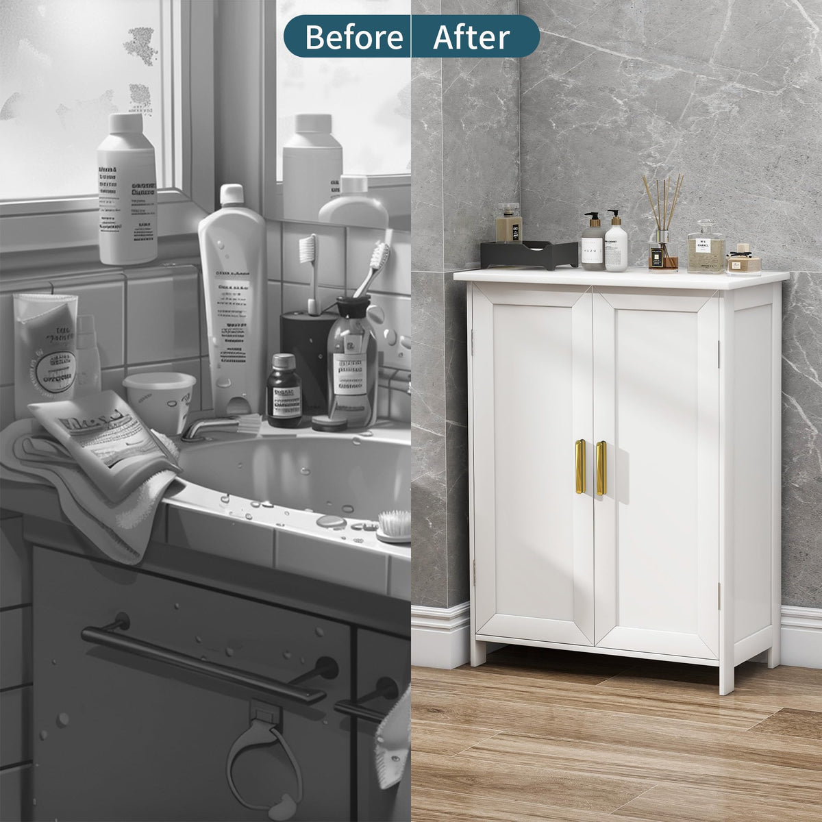 White 2 Door Bathroom Floor Storage Cabinet T49470