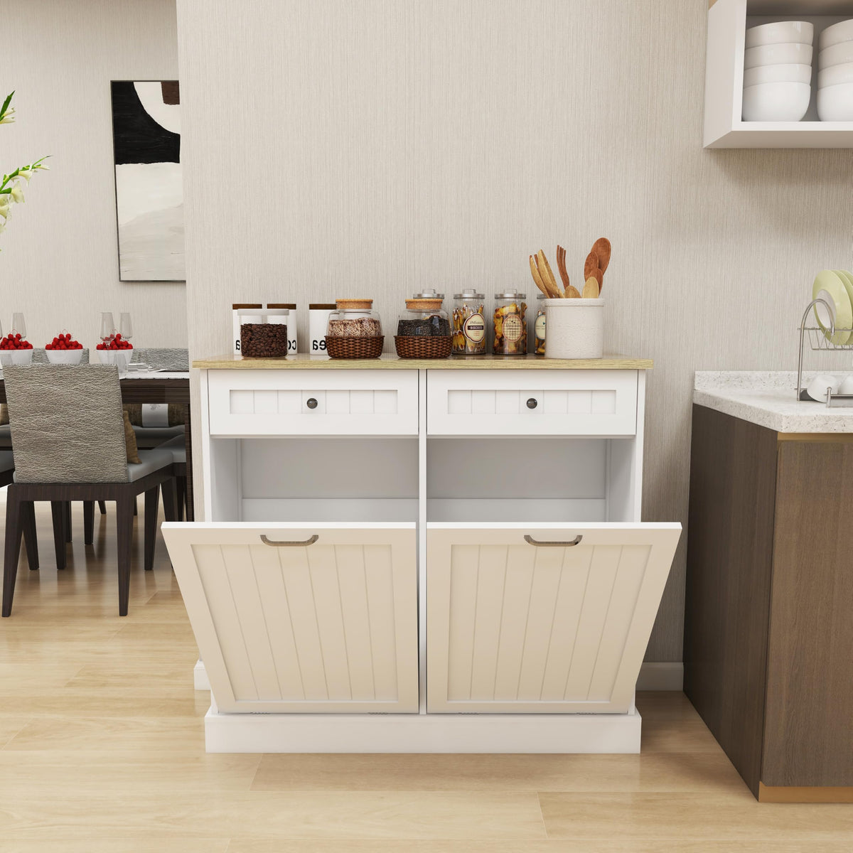 White 2x10 Gallon Solid Wood Trash Cabinet M6349