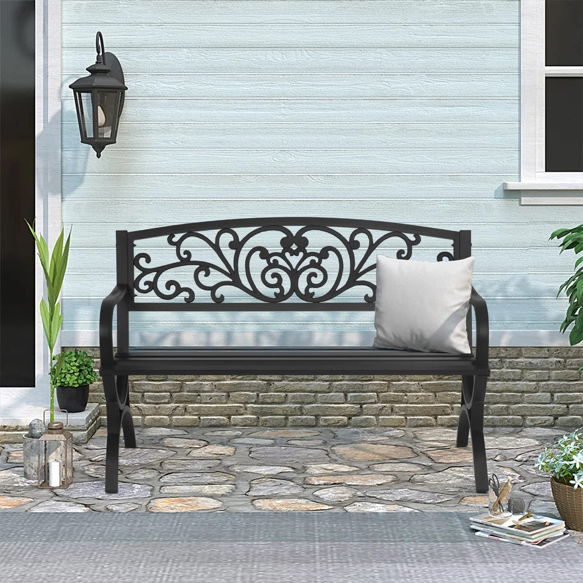 50 inch Black Metal Patio Garden Bench with Armrests P65877