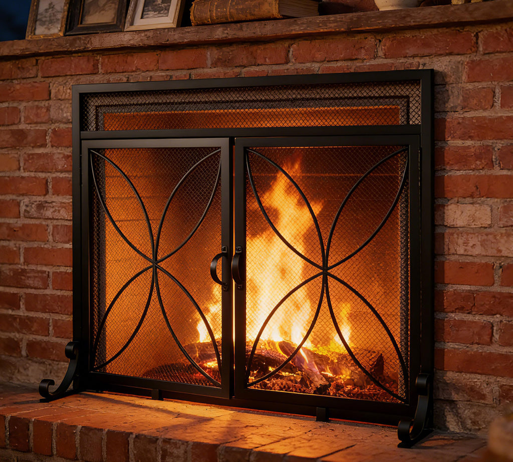 Black Metal Fireplace Screen Magnetic Doors U735495