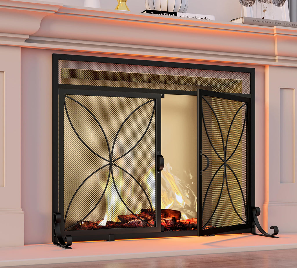 Black Metal Fireplace Screen Magnetic Doors U735495