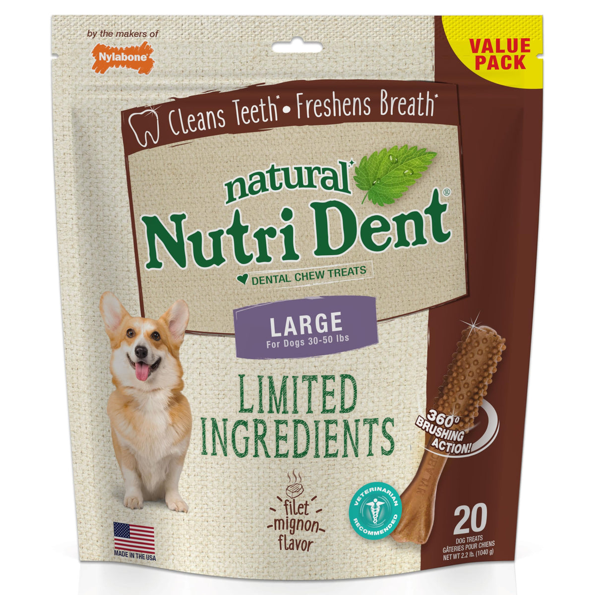 Large Filet Mignon Flavor Dog Dental Chews 20 Count M9966
