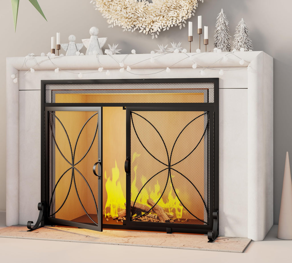 Black Metal Fireplace Screen Magnetic Doors U735495