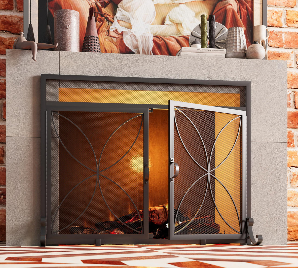 Black Metal Fireplace Screen Magnetic Doors U735495