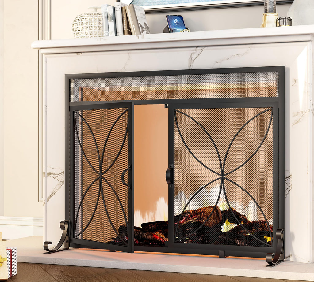 Black Metal Fireplace Screen Magnetic Doors U735495