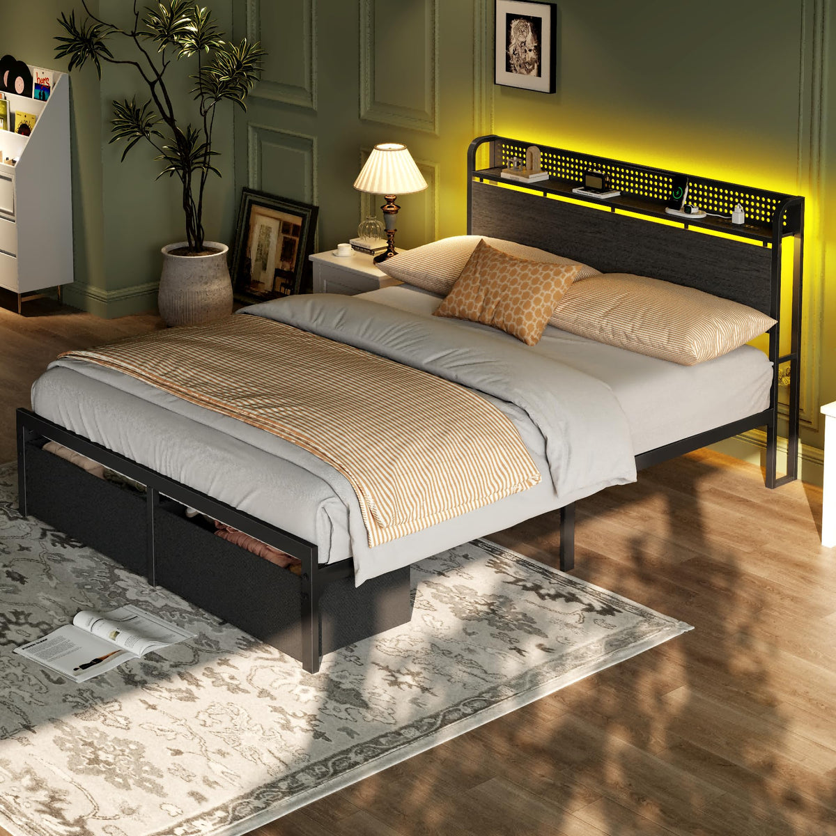 Full Size Bed Frame with Headboard, Charging Station, 2 Storage Drawers F868318